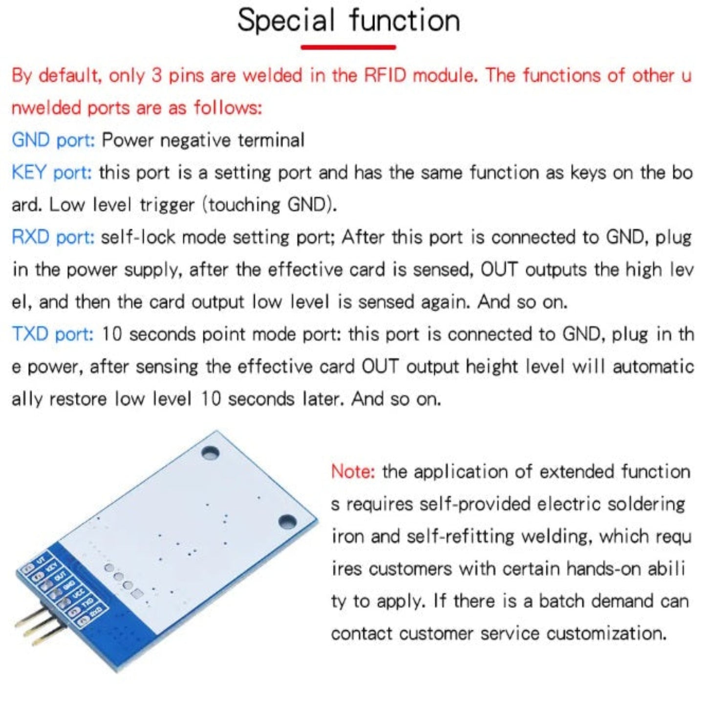 Back view of RFID module showing RXD TXD and KEY ports for advanced settings.