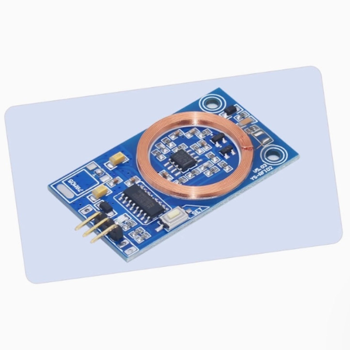 125KHz RFID reader module sensing an ID card for proximity authentication.