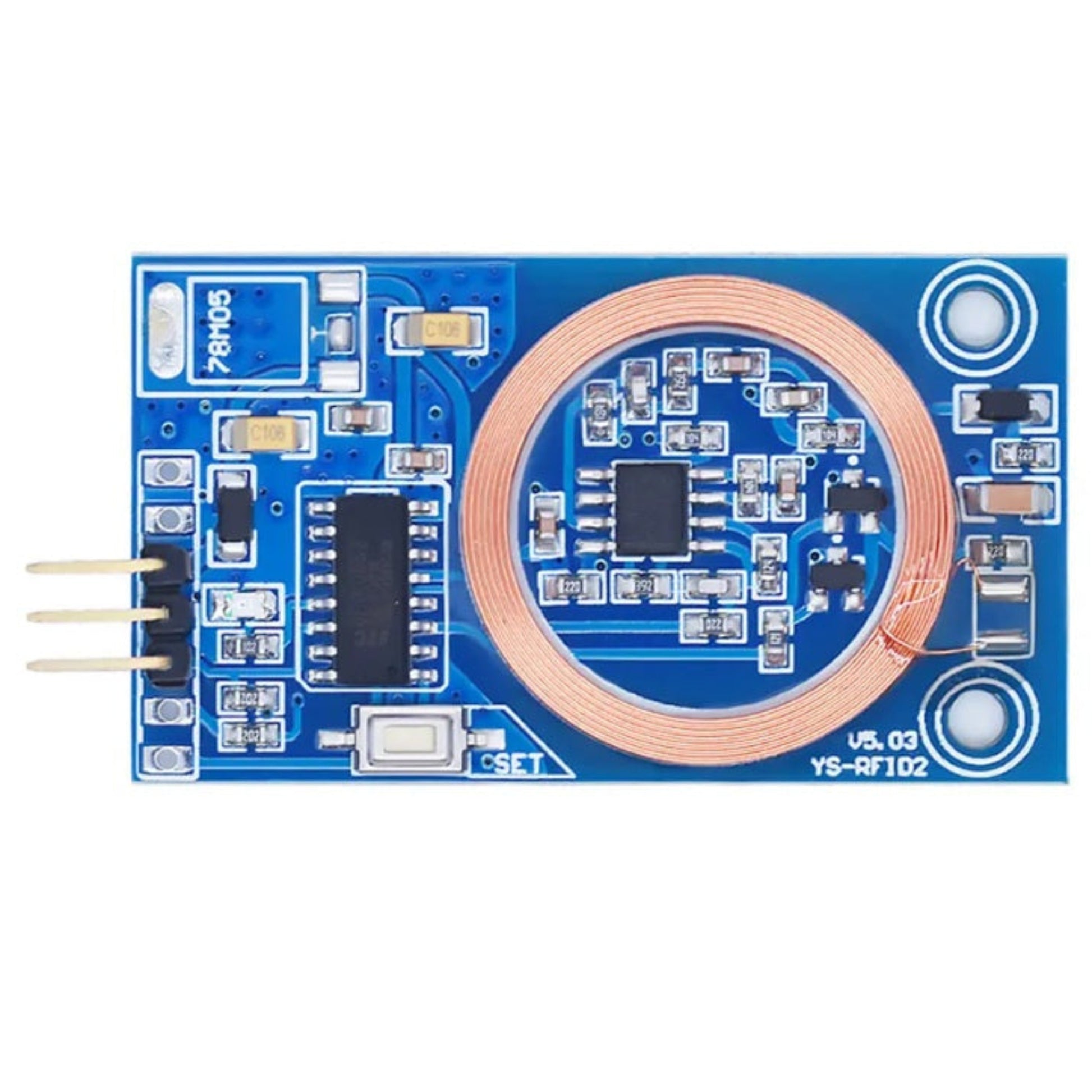 Top view of 5V RFID reader module PCB with 26mm induction copper coil.