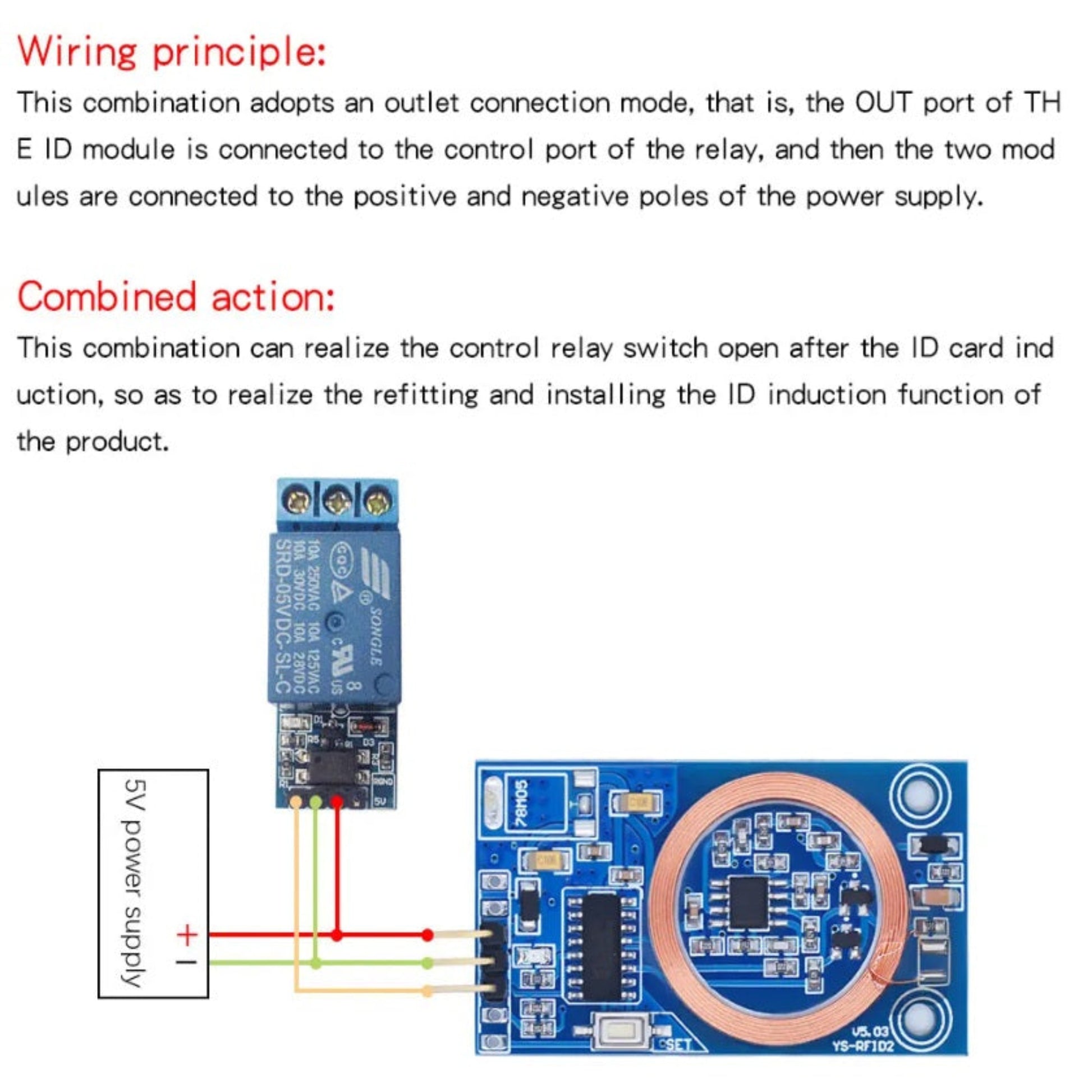 Wiring principle diagram connecting RFID reader module to a 5V relay switch.