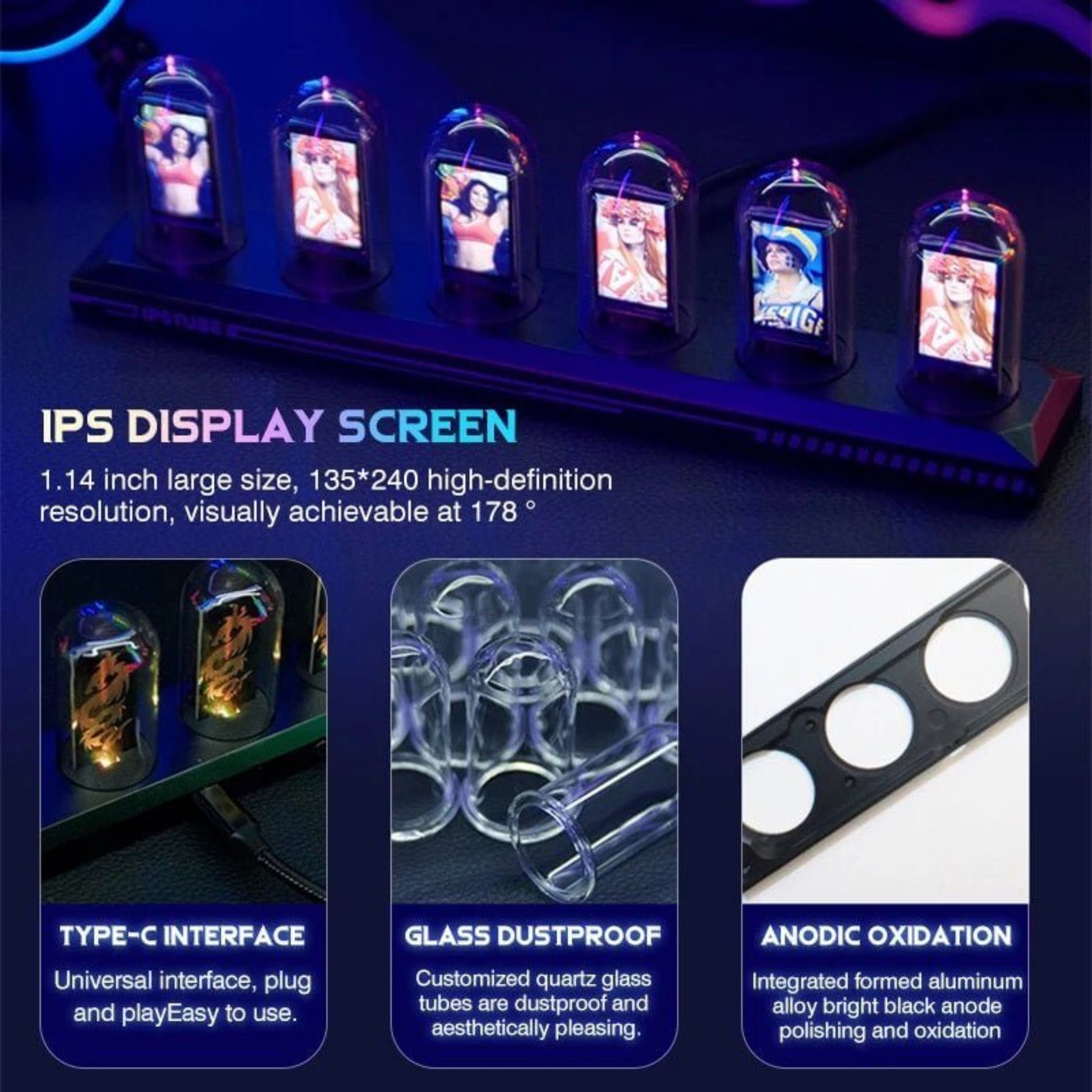 RGB IPS Glow Tube Digital Clock with multiple screens showing vibrant visuals and features like type-C interface and glass dustproof design.