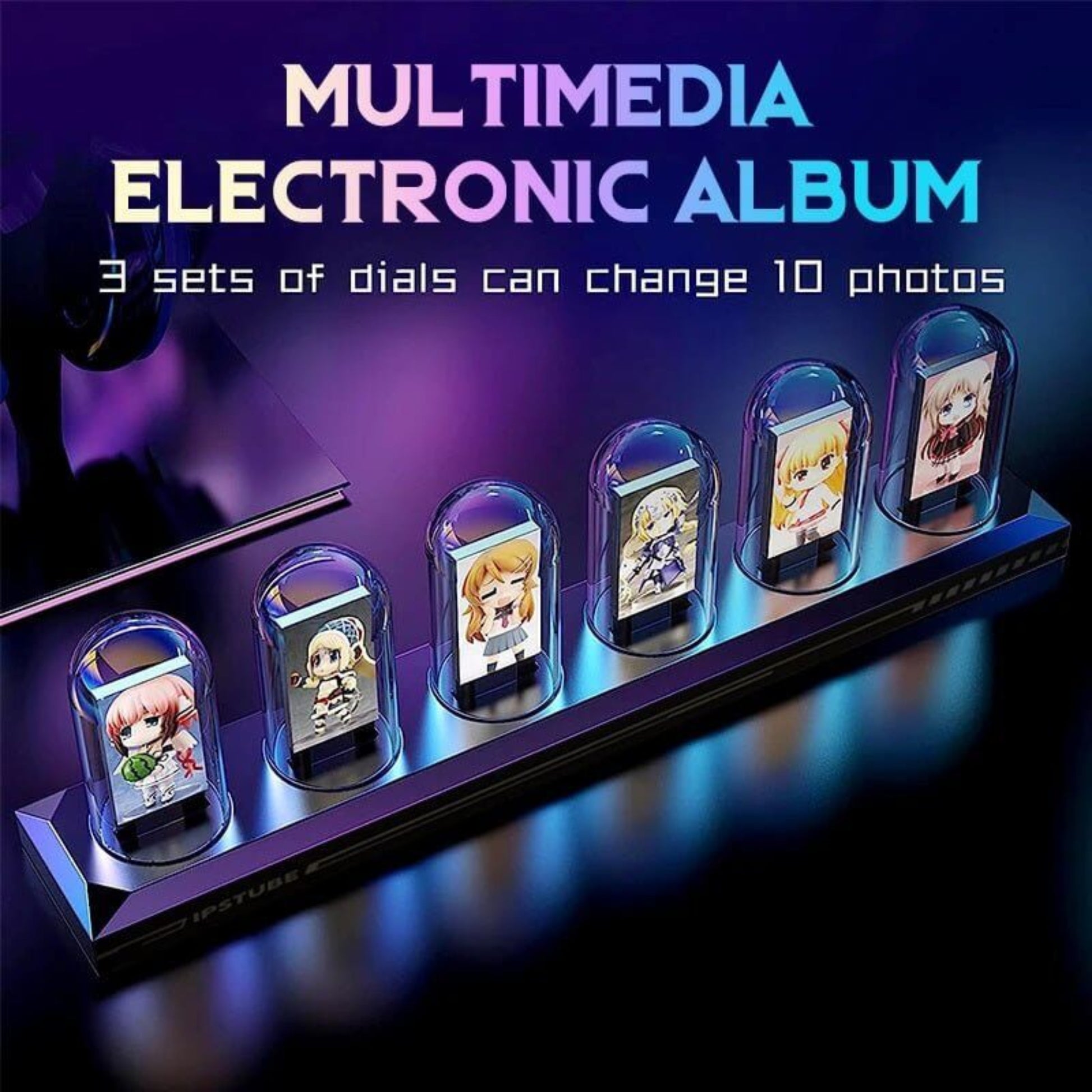 Multimedia electronic album with 3 dials showcasing 10 customizable photo displays in vibrant colors.