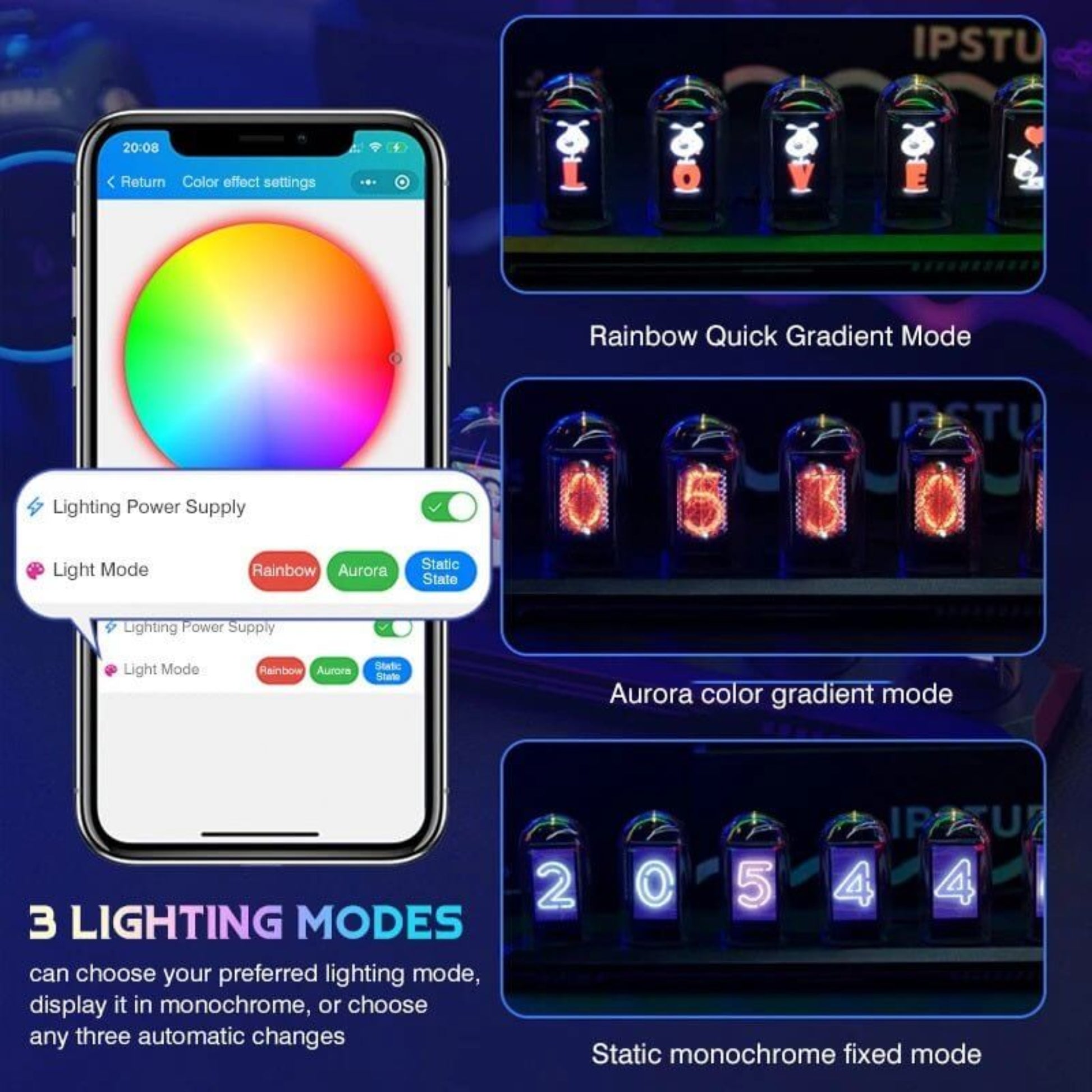 RGB IPS Glow Tube Digital Clock showing 3 customizable lighting modes on smartphone app and clock display.