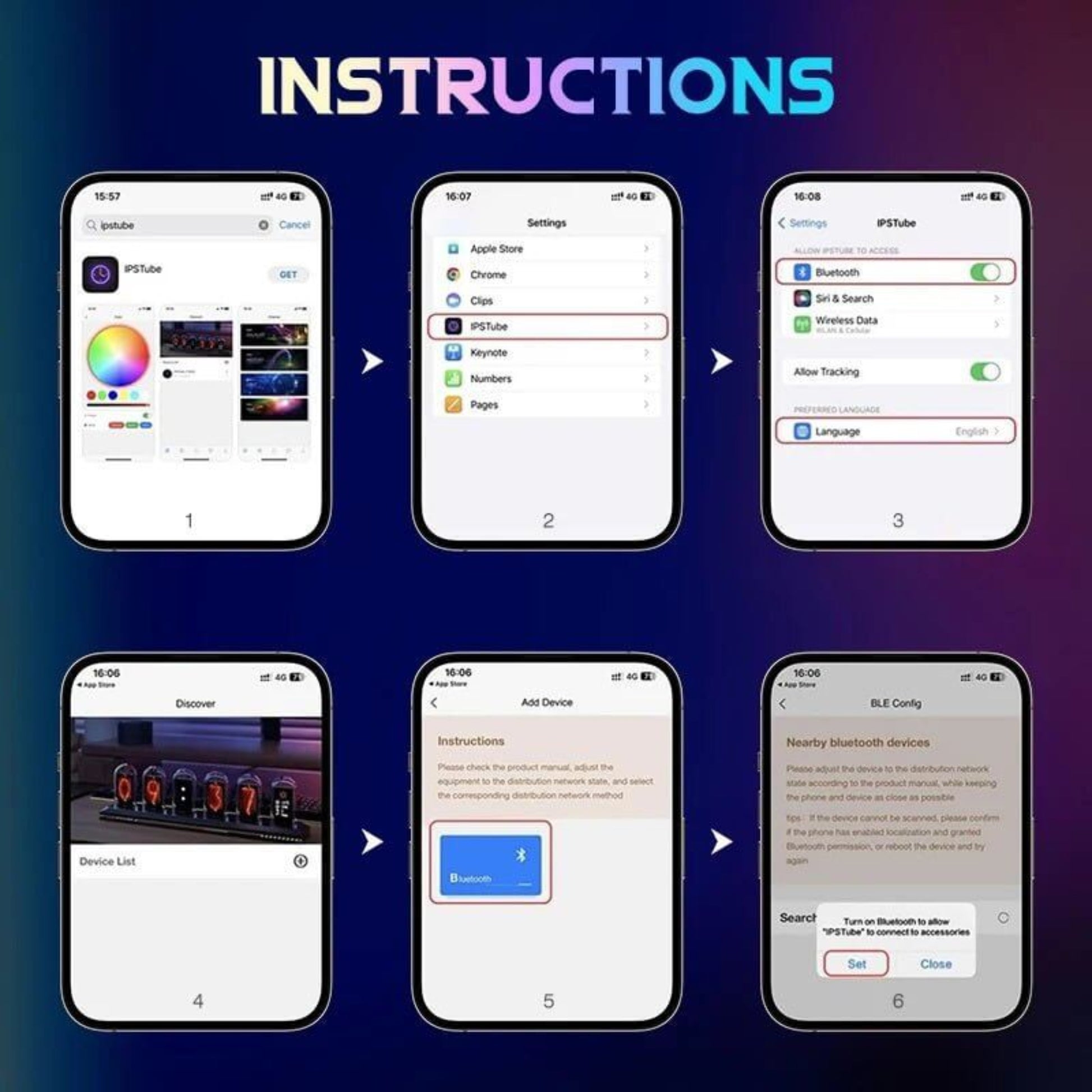 Step-by-step instructions on connecting the RGB IPS Glow Tube Digital Clock via mobile app with settings and device pairing.