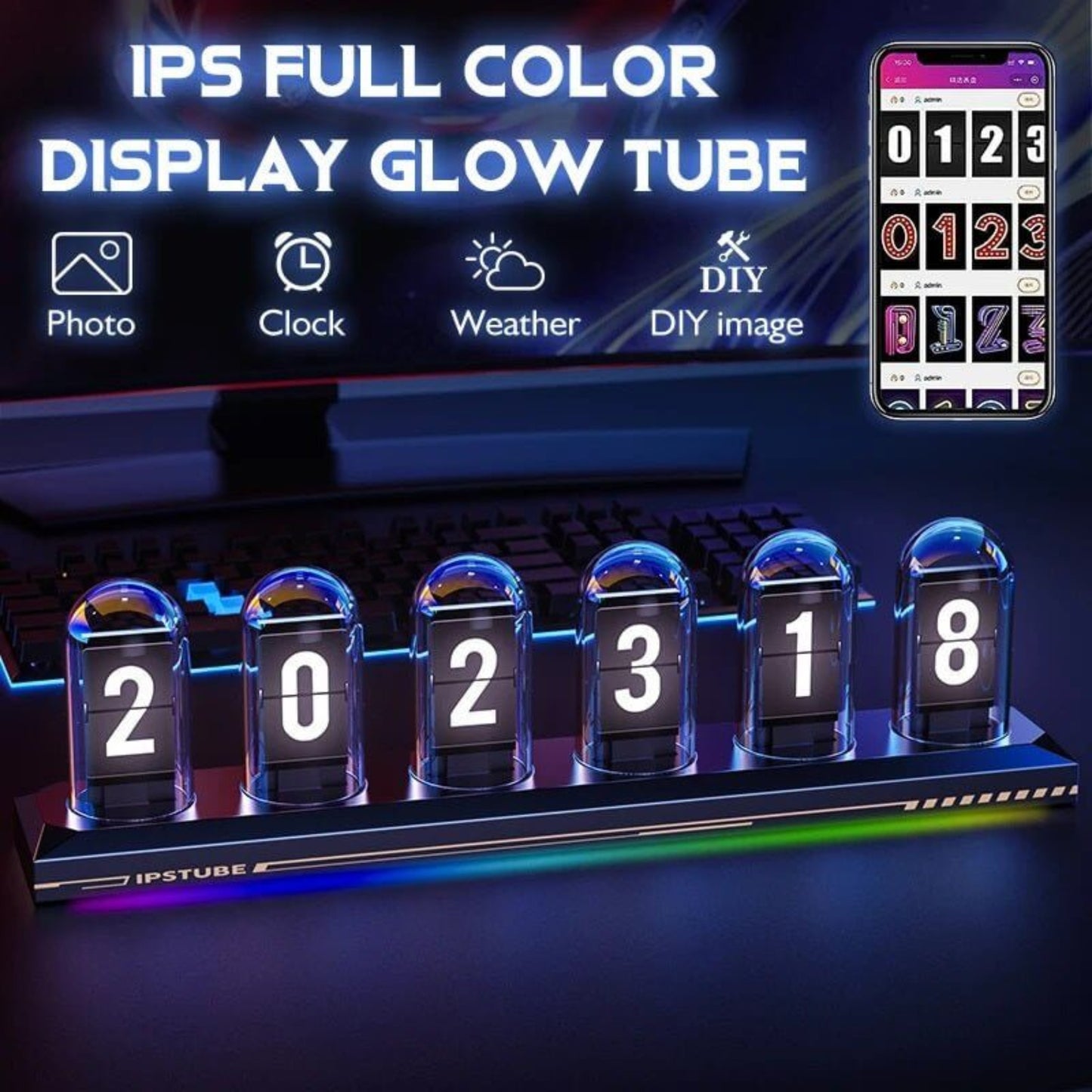 RGB IPS Glow Tube Digital Clock with customizable display and vibrant colors, showcasing time and weather features.