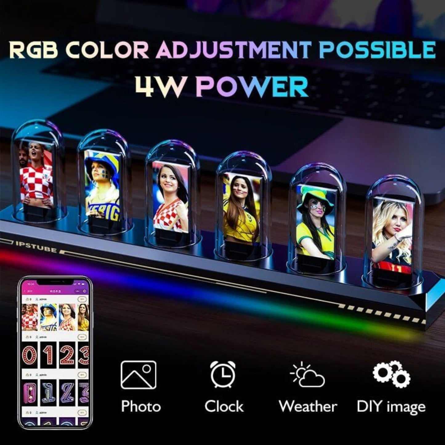 RGB IPS Glow Tube Digital Clock showcasing customizable displays, color adjustment, and 4W power on a sleek desk setup.