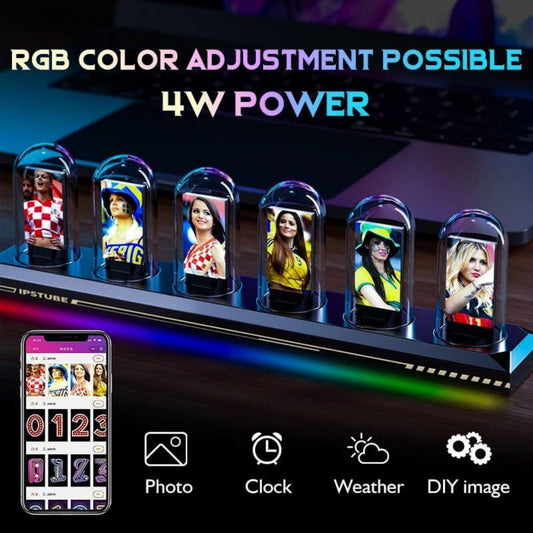 RGB IPS Glow Tube Digital Clock showcasing customizable displays, color adjustment, and 4W power on a sleek desk setup.