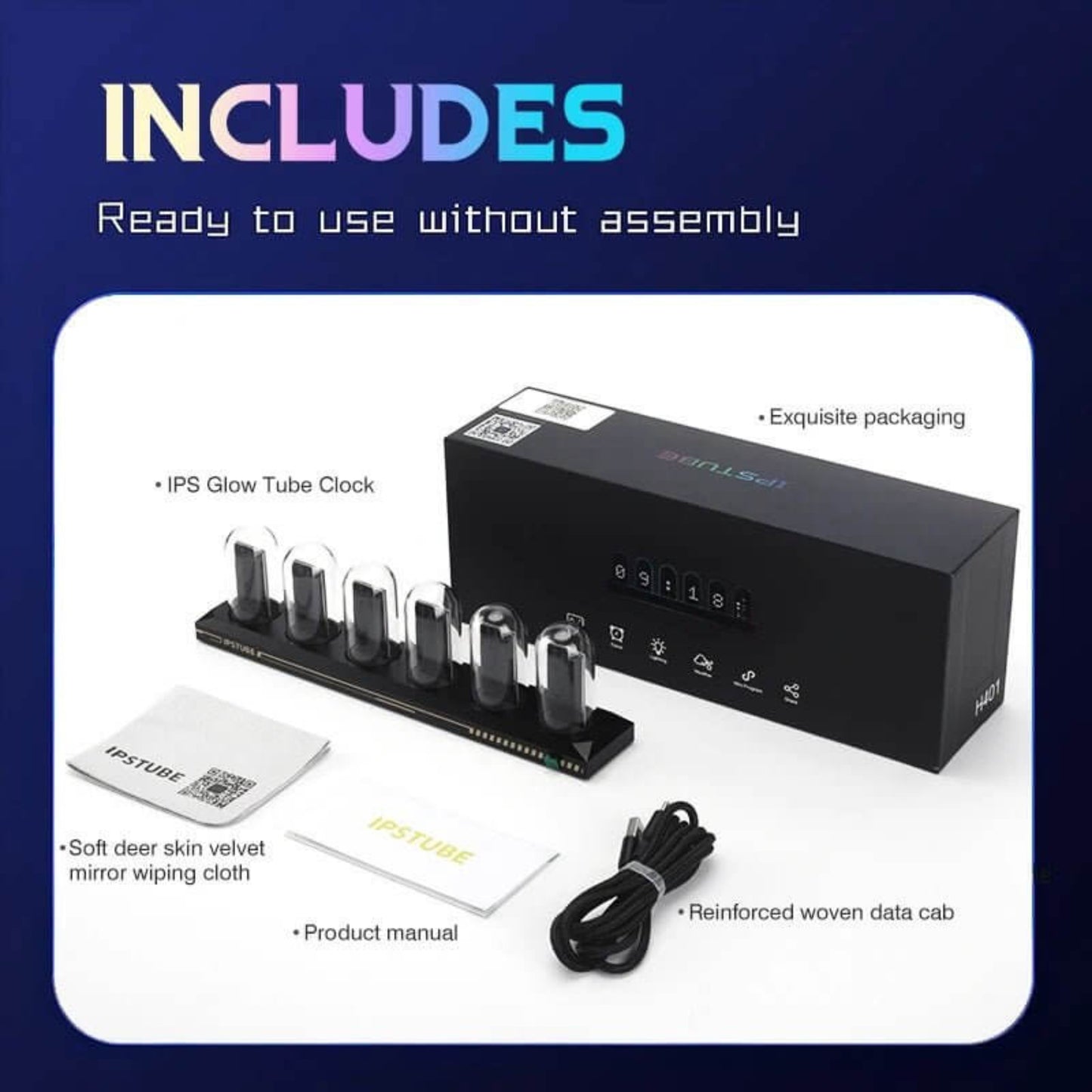 Included items of the RGB IPS Glow Tube Digital Clock: clock, manual, and accessories for easy setup.