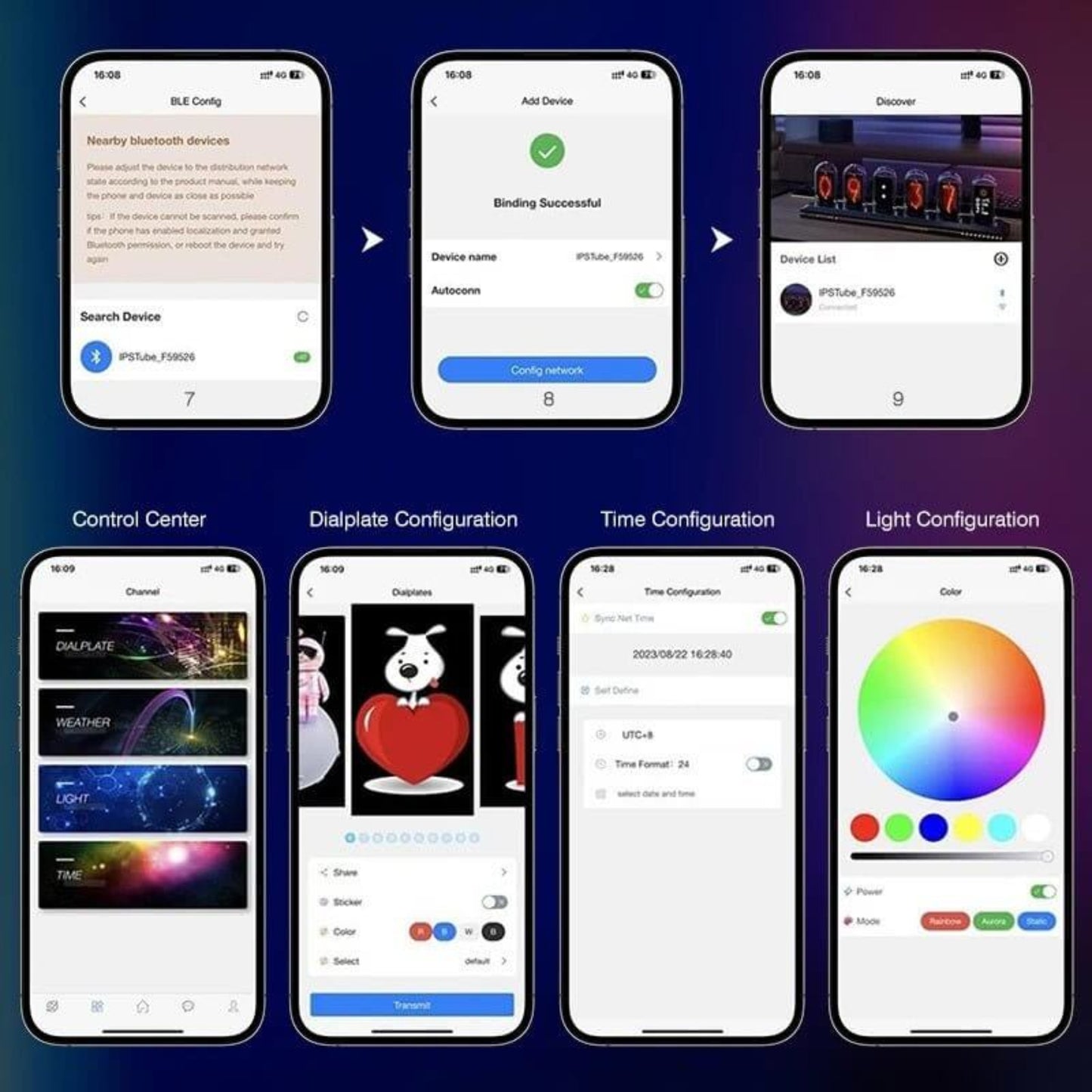 Smartphone interface for configuring the RGB IPS Glow Tube Digital Clock with options for dialplate, time, and light settings.