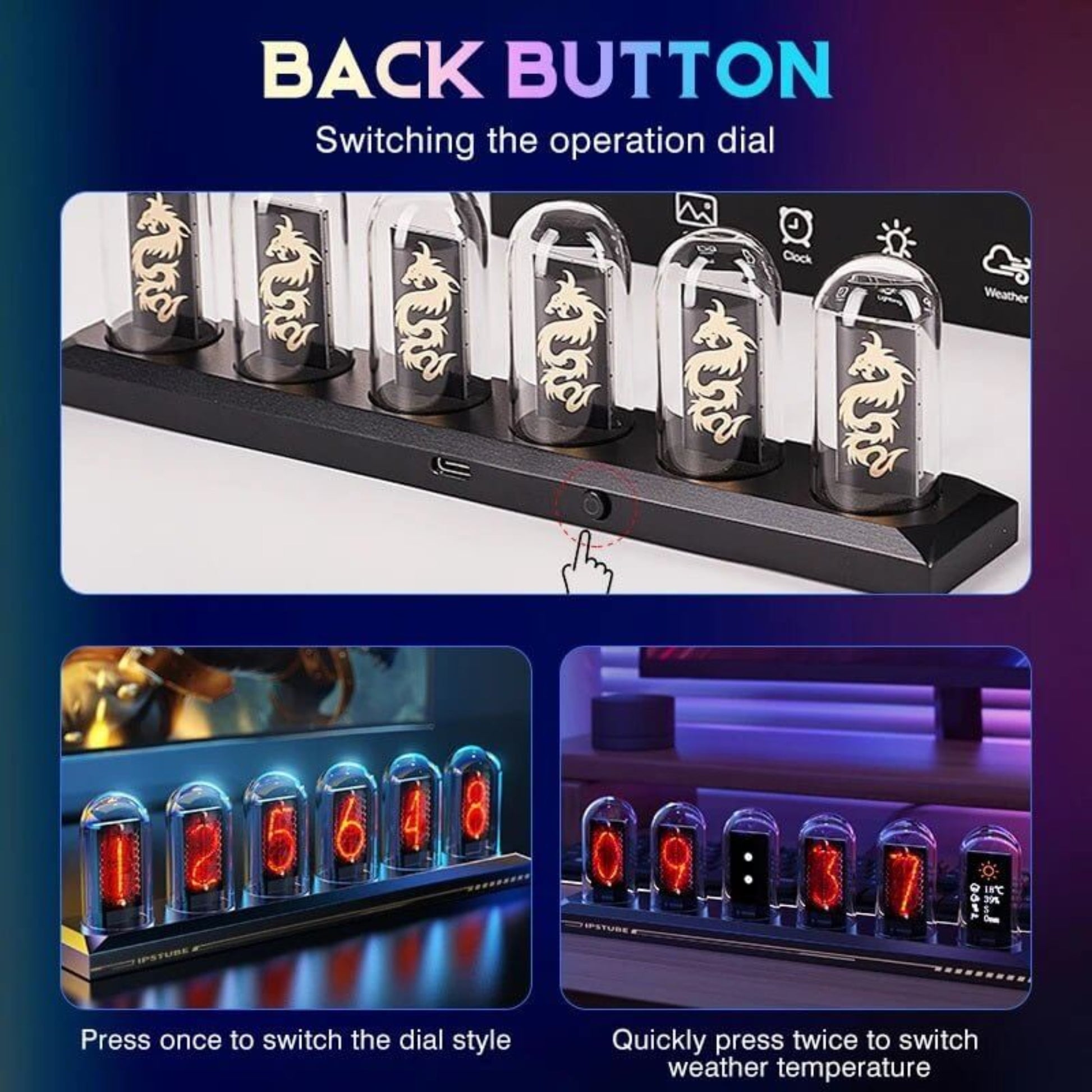 RGB IPS Glow Tube Digital Clock with back button for switching display styles and weather temperature indication.