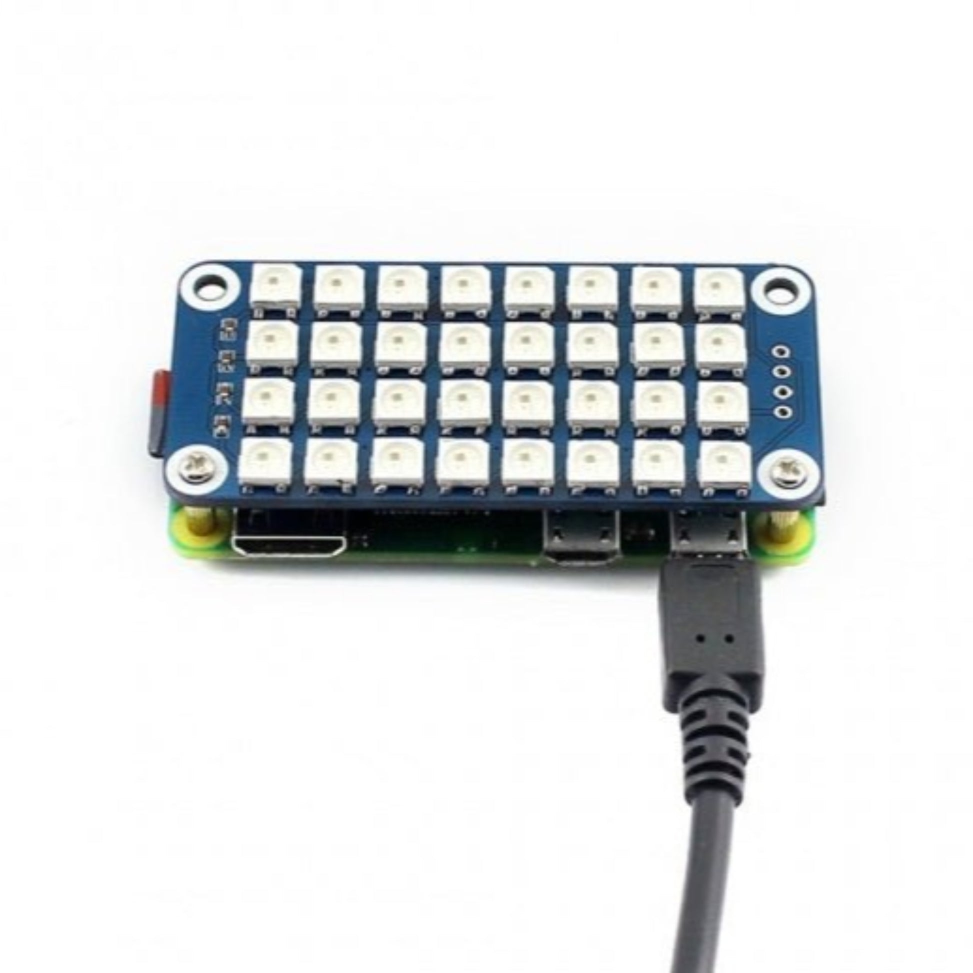 Raspberry Pi RGB LED HAT WS2812B with 4x8 matrix and USB connection for colorful displays.
