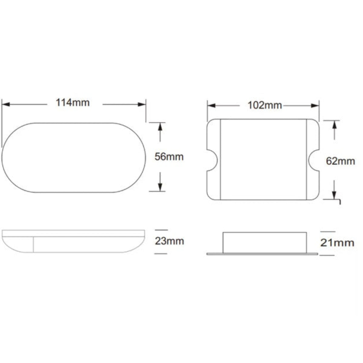 RGBW 控制器及 RF 遙控器的尺寸圖解。控制器尺寸為 102x62x21mm，觸控遙控器尺寸為 114x56x23mm。