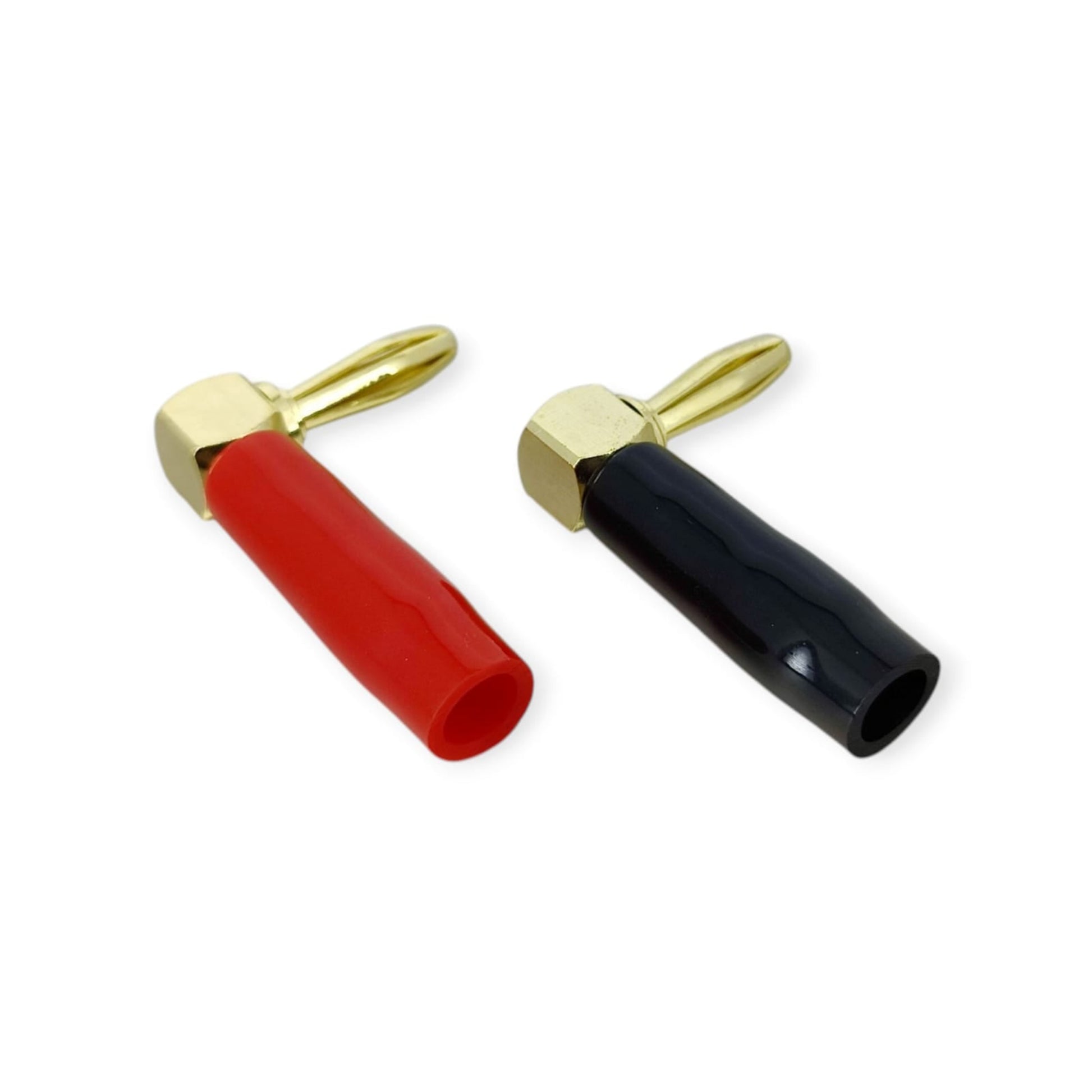 Separate red and black right-angle solderless banana plugs, showing the rear entry point for speaker wire.
