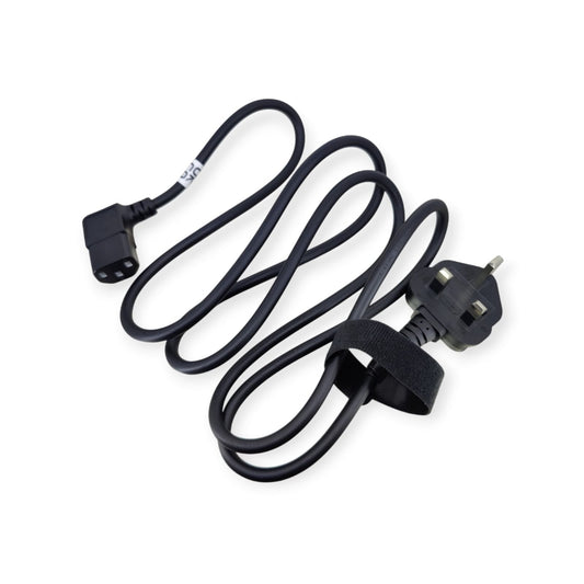 A coiled 1.5-meter black power cord showing the right-angled C13 connector and the BS 1363 UK plug.