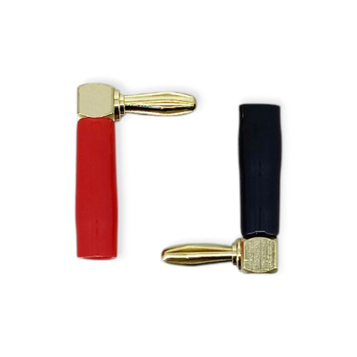A pair of right-angle solderless banana plugs, one red and one black, arranged in an L-shape on a white background.