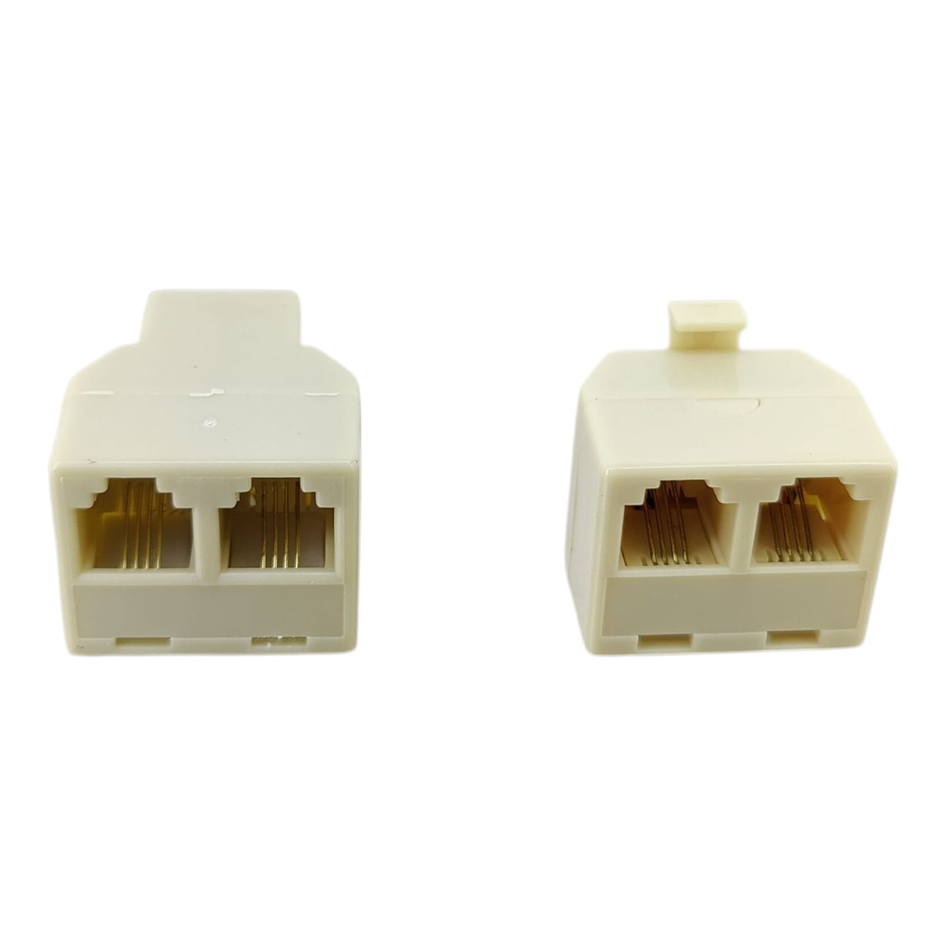 Front view of RJ11 2-way socket comparing the female-to-female and male-to-female port layouts.