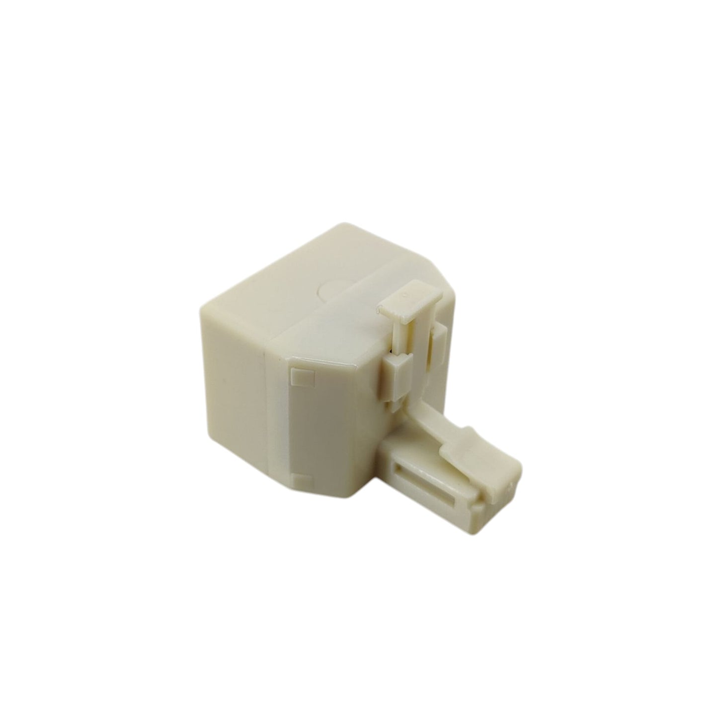 Side profile of a T-shaped RJ11 adapter with one male plug and female ports.
