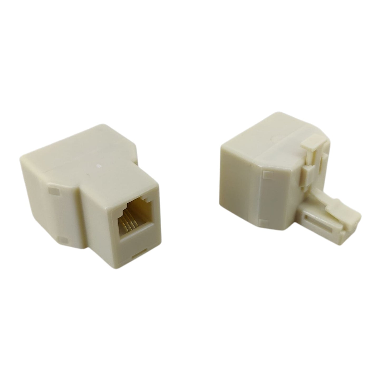 Two beige RJ11 telephone adapters showing both 1 male to 2 female and 1 female to 2 female variations.