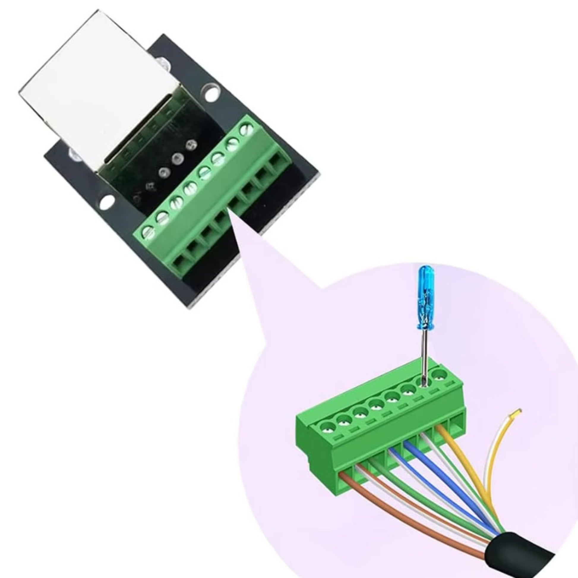 示範使用螺絲批將剝皮後的網線鎖入 RJ45 網口轉接板的接線過程。
