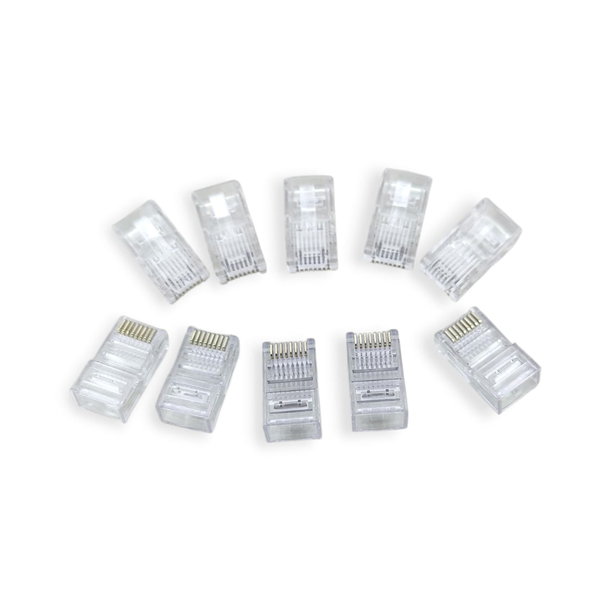 A group of ten transparent RJ45 CAT5 pass-through Ethernet connectors arranged on a white background.