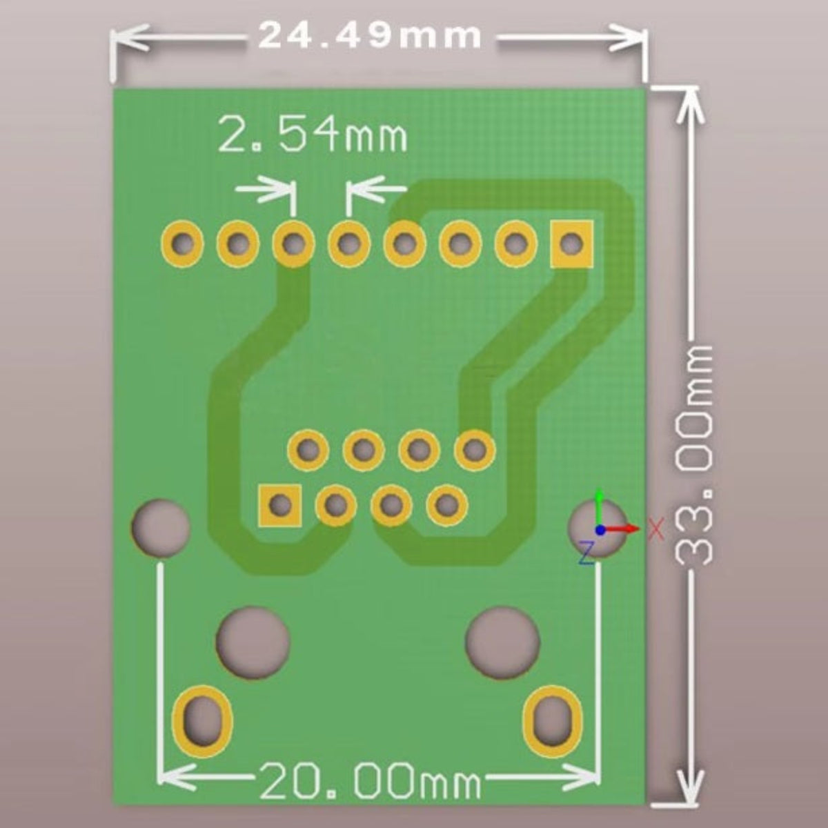 RJ45 轉接板的工程尺寸圖，標示了精確的 24.49mm x 33.00mm 尺寸及 2.54mm 孔距。