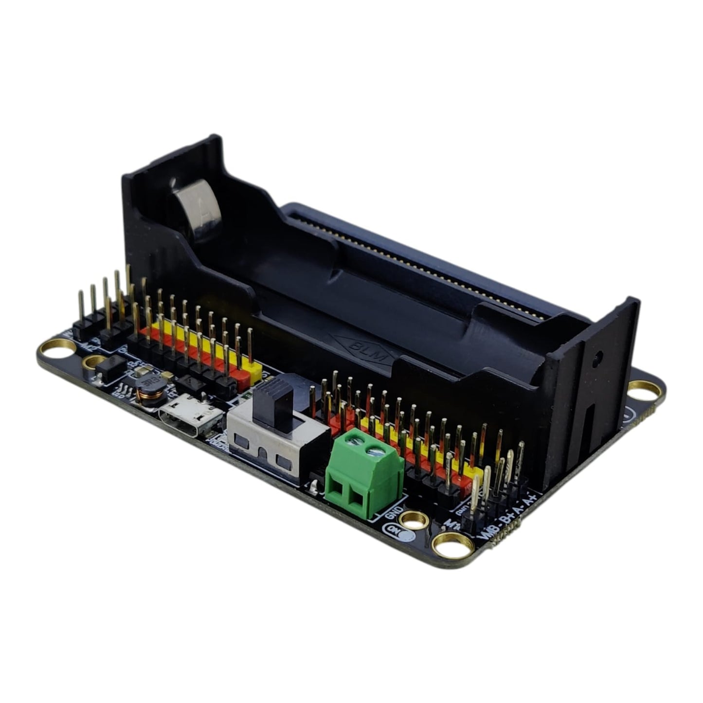 Angle view of Robotbit V2.0 Micro:bit Super:bit expansion board showing GPIO headers and power switch