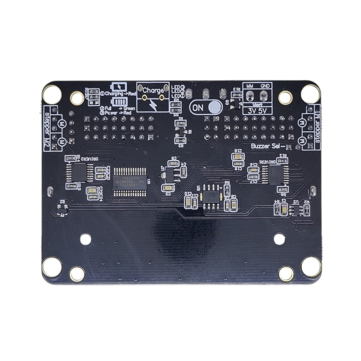 Front view of Robotbit V2.0 Micro:bit expansion board with motor ports, servo headers and battery holder