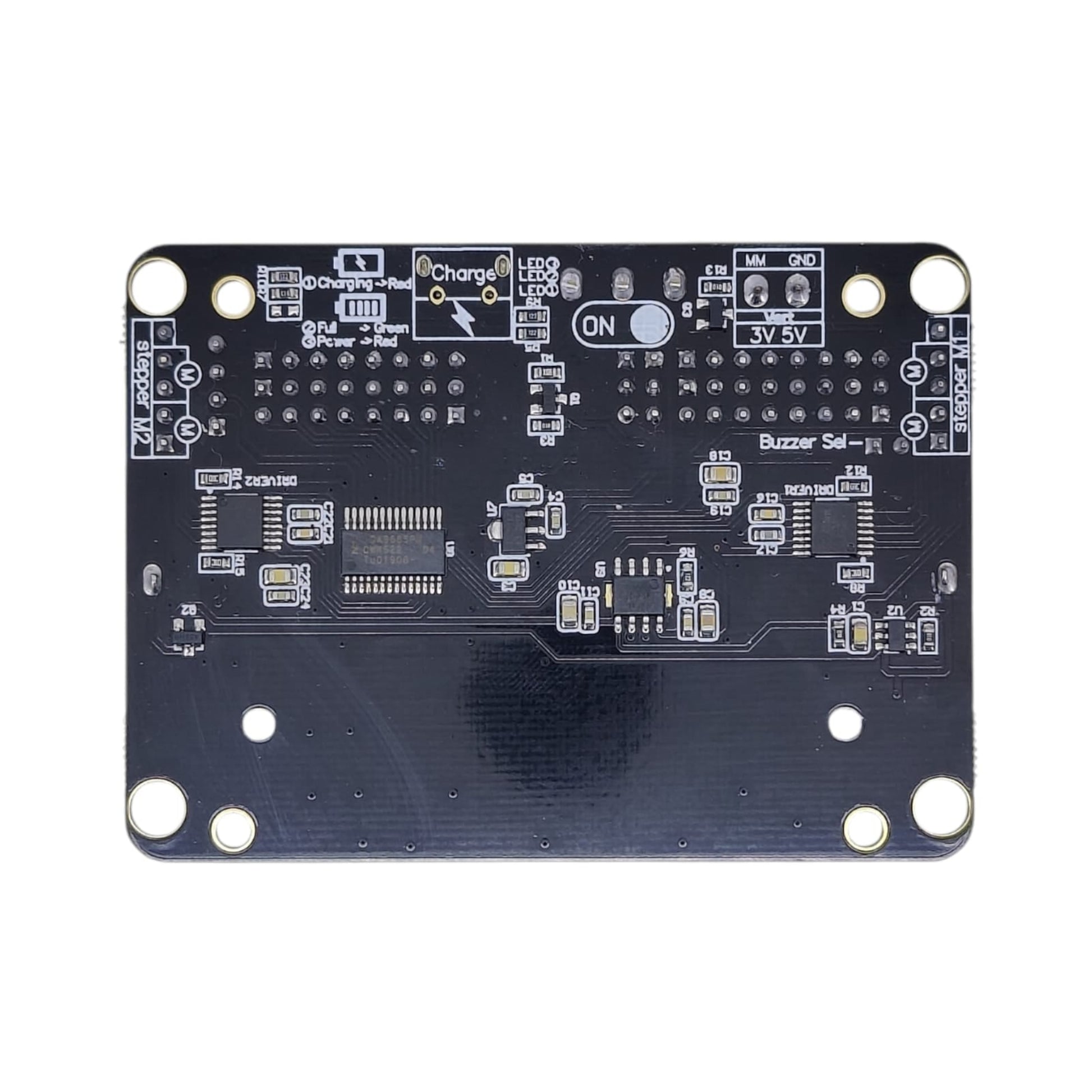 Front view of Robotbit V2.0 Micro:bit expansion board with motor ports, servo headers and battery holder