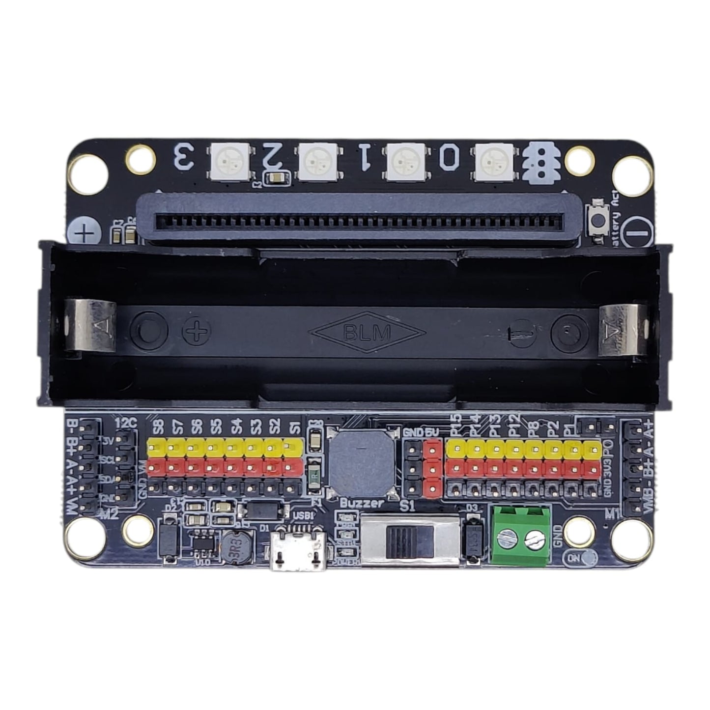 Robotbit V2.0 Micro:bit expansion board with 18650 battery holder top view for school robotics projects