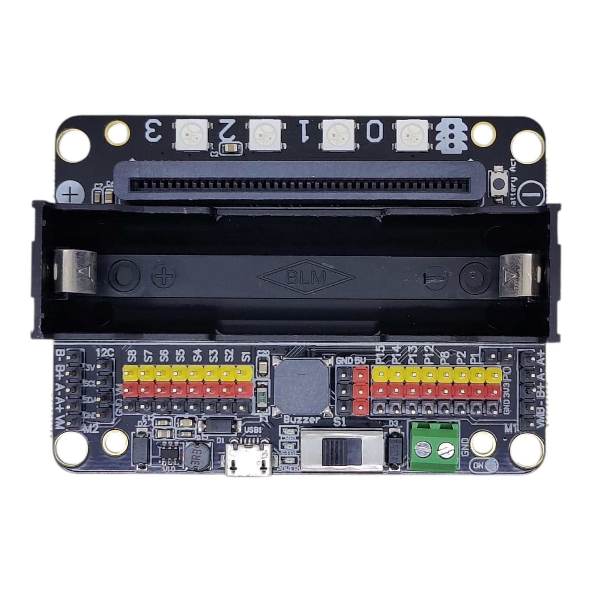 Robotbit V2.0 Micro:bit expansion board with 18650 battery holder top view for school robotics projects