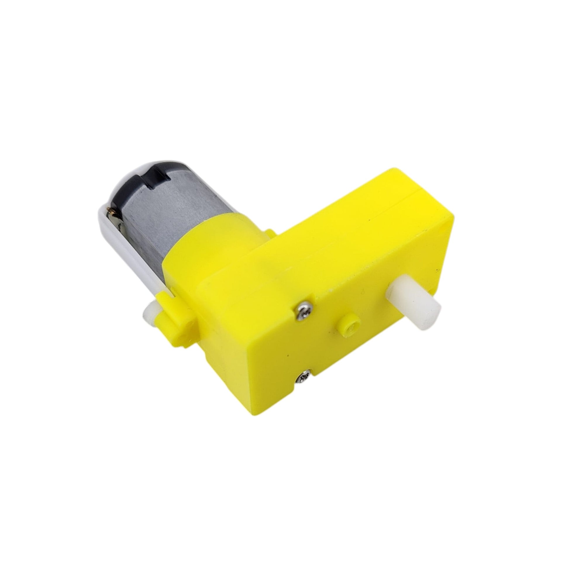Bottom view of the L-shaped TT gear motor showing the plastic gearbox housing.