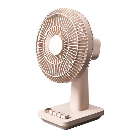 Angled view of the elegant beige and rose gold Momax portable desk fan.