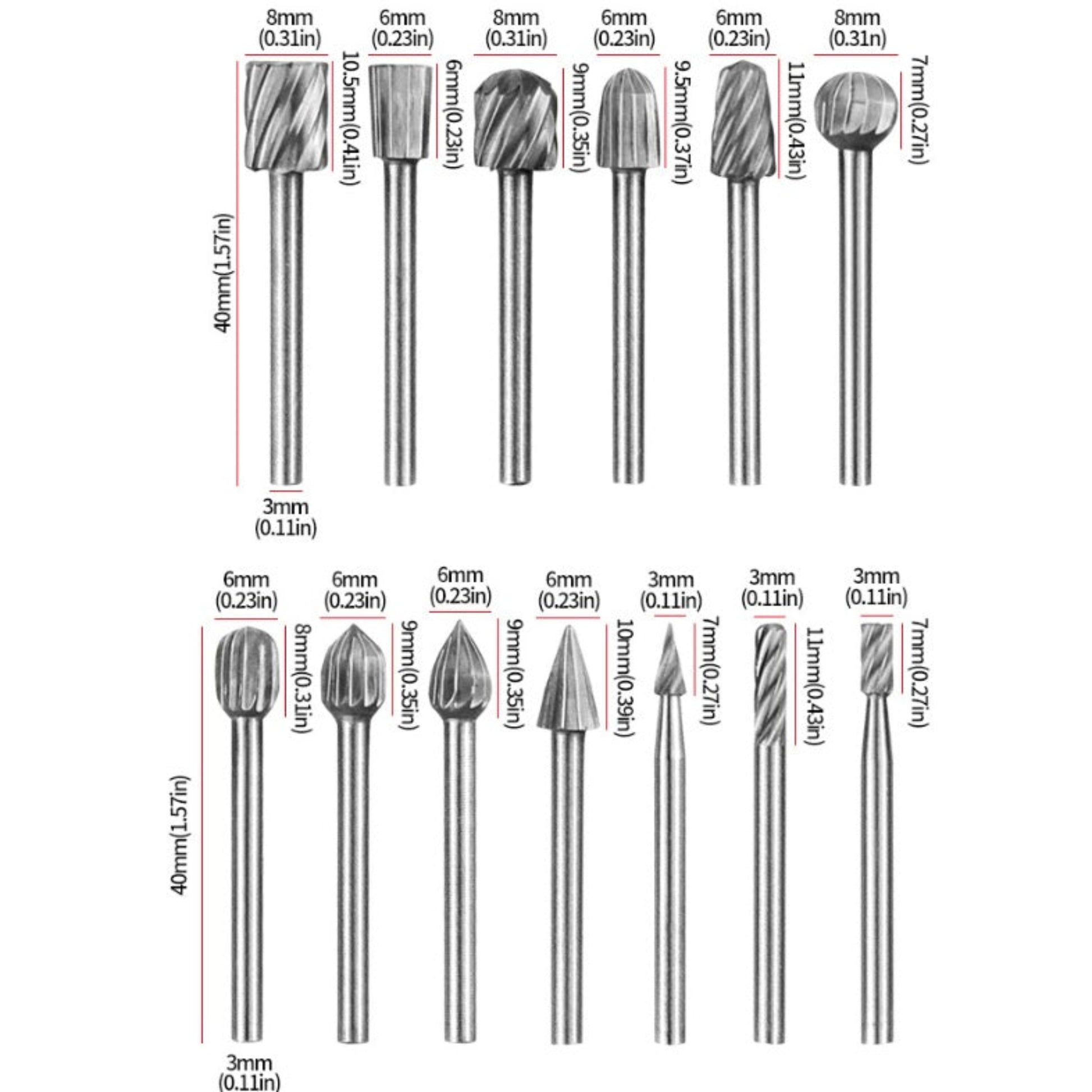Detailed size chart showing the specifications of 10 high-speed steel rotary burrs and bits.