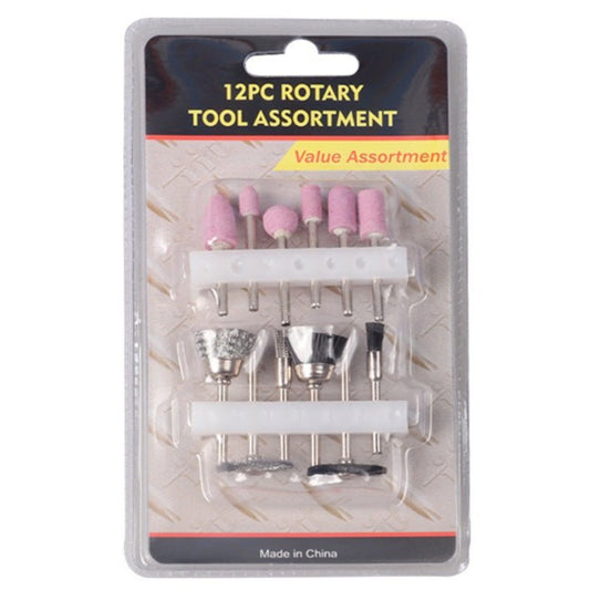 12pc rotary tool set with grinding bits and polishing wheels, perfect for surface preparation and finishing work.