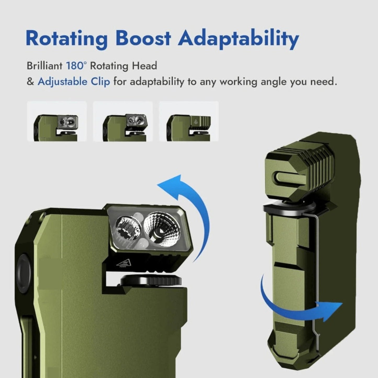 Diagram showing the 180 degree rotating boost adaptability and adjustable clip of the green EDC flashlight.