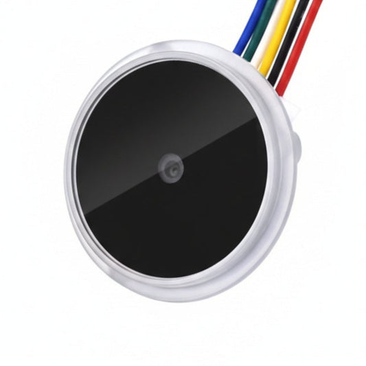 Round 2D barcode scanner module (D) with circular design for embedded systems.