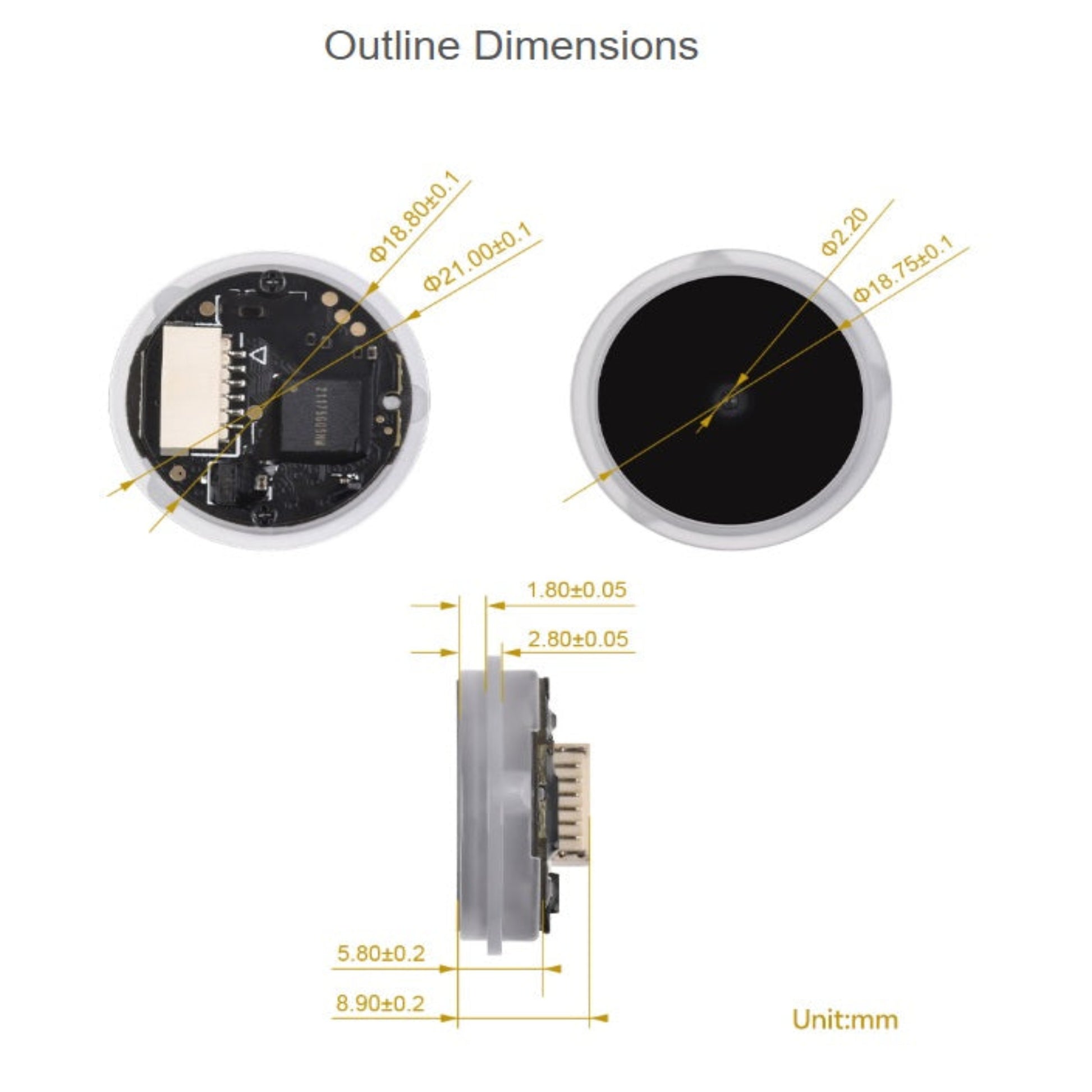 Detailed outline dimensions in mm for the circular 2D scanner module.
