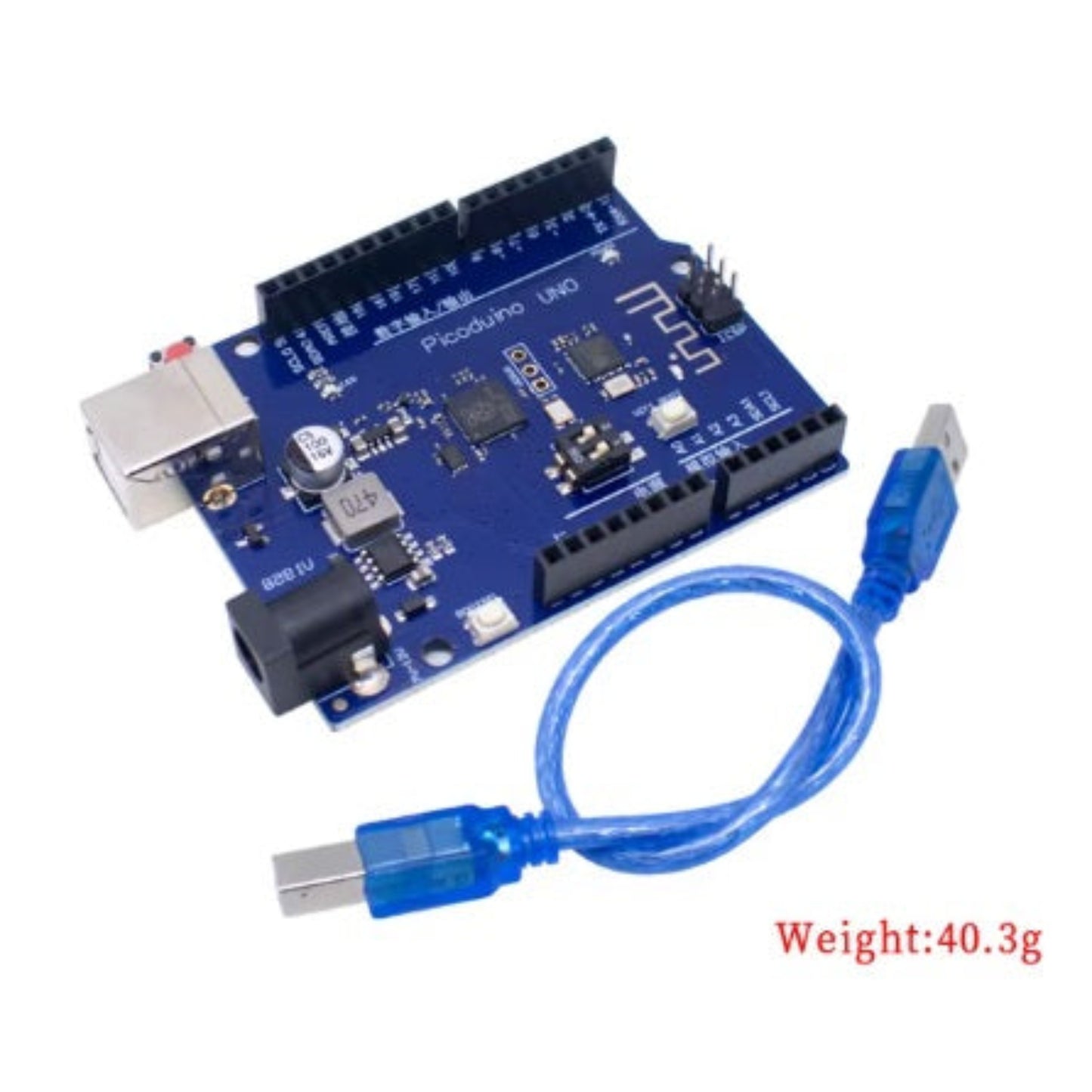 RP2040 Picoduino board showing DC jack, USB port, and pin headers compatible with Arduino.