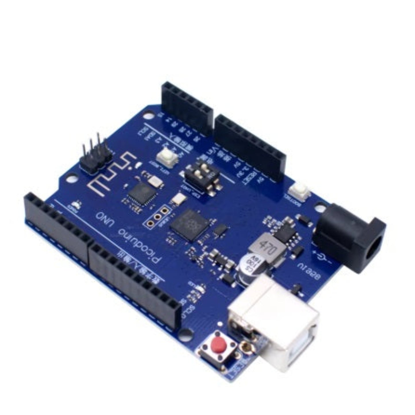 Front view of RP2040 Picoduino UNO development board with WiFi module and USB cable.