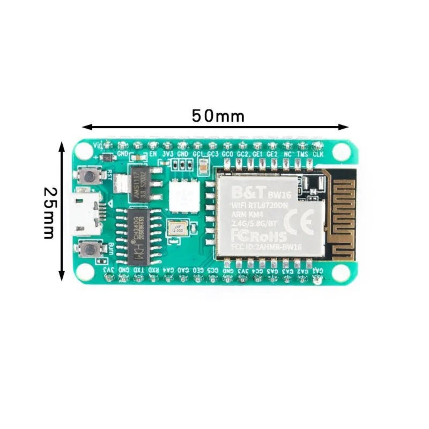 BW16 Development Board RTL8720DN with I2C UART interfaces, WiFi Bluetooth module, dimensions 50mm x 25mm.