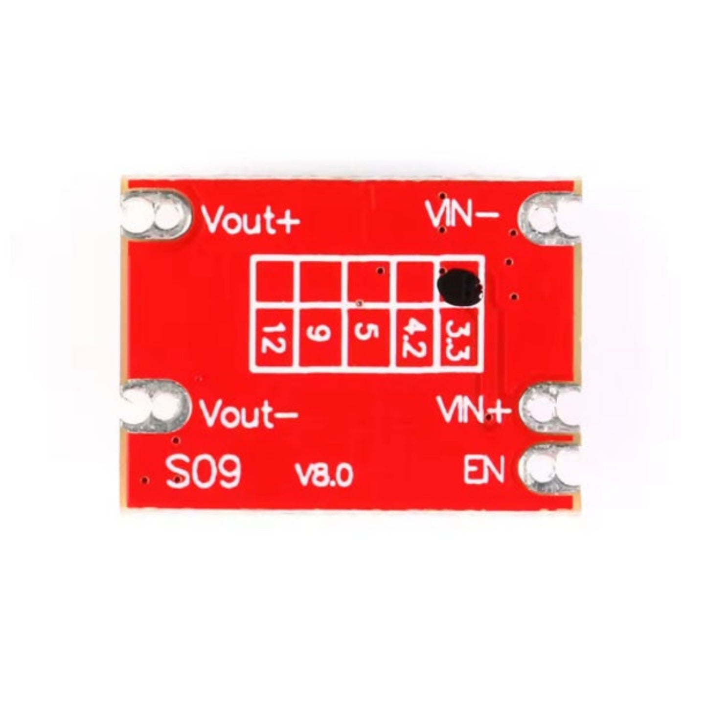 Back of S09 module showing voltage selection jumper pads and V8.0 version marking