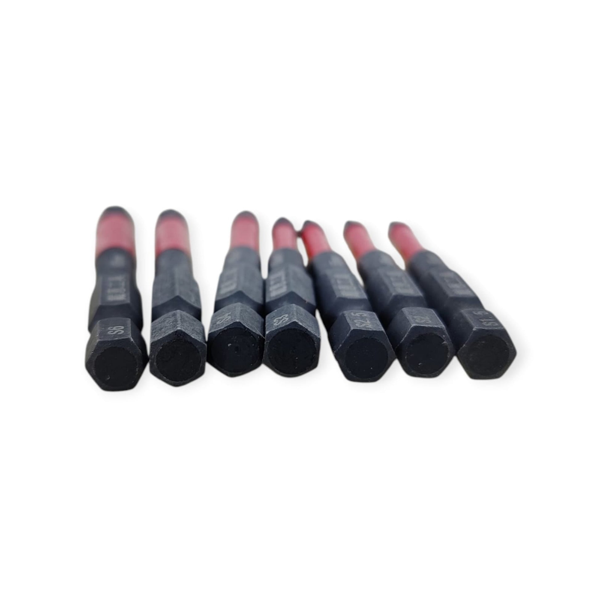 View of the 1/4-inch hexagonal shanks of the 7-piece S2 steel drill bit set.