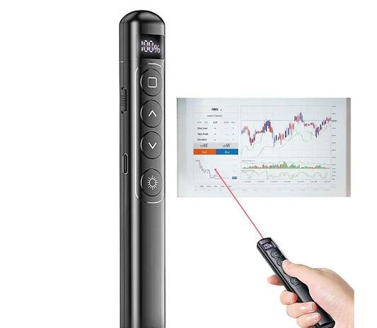 Wireless presenter with laser pointer showcasing data charts during a presentation.