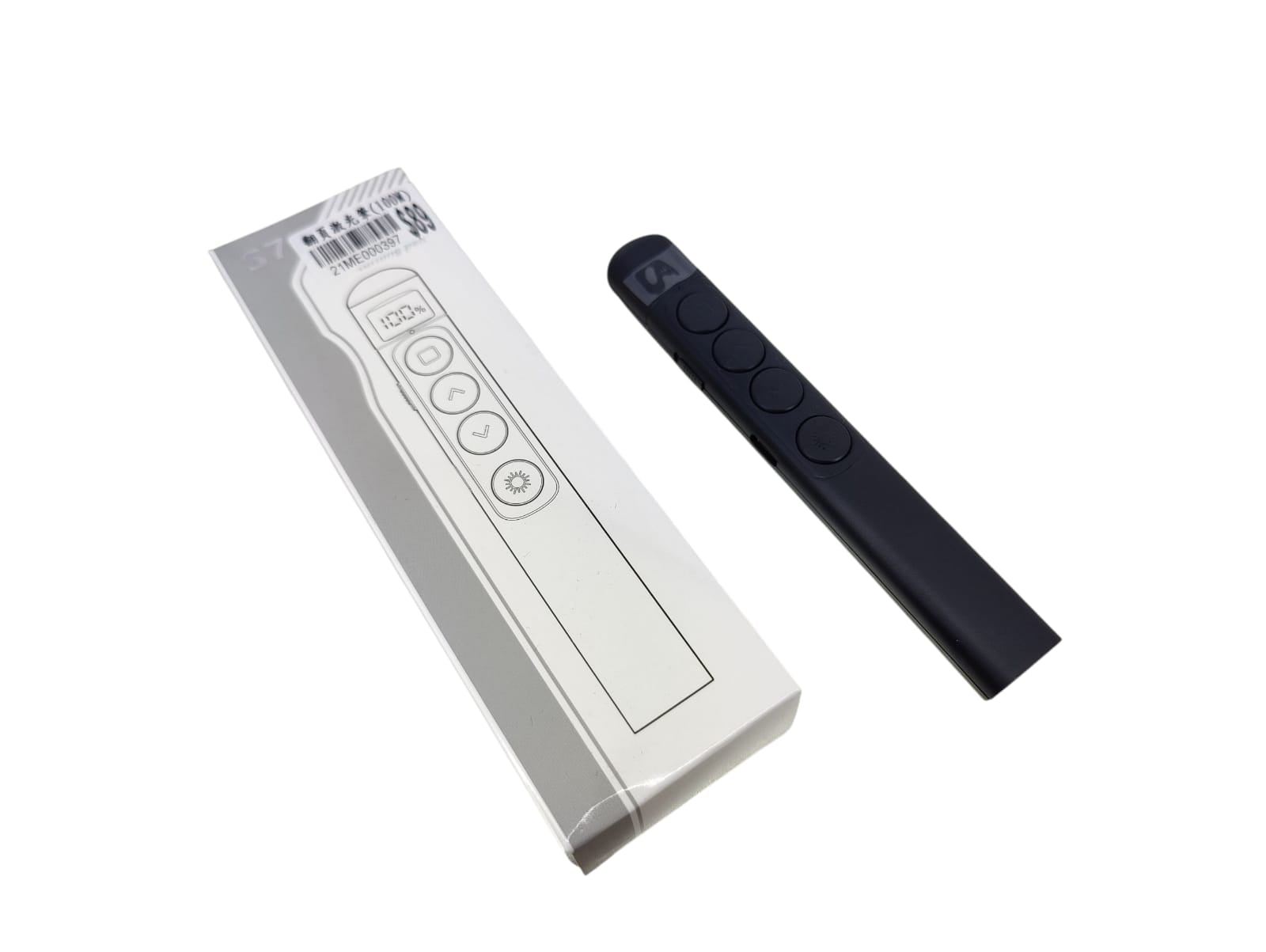 S7 Wireless Presenter with Laser Pointer and USB receiver beside packaging.