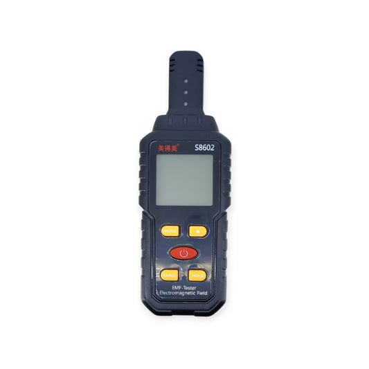 Front view of the S8602 EMF Tester showing the screen, brand name, and control buttons.

