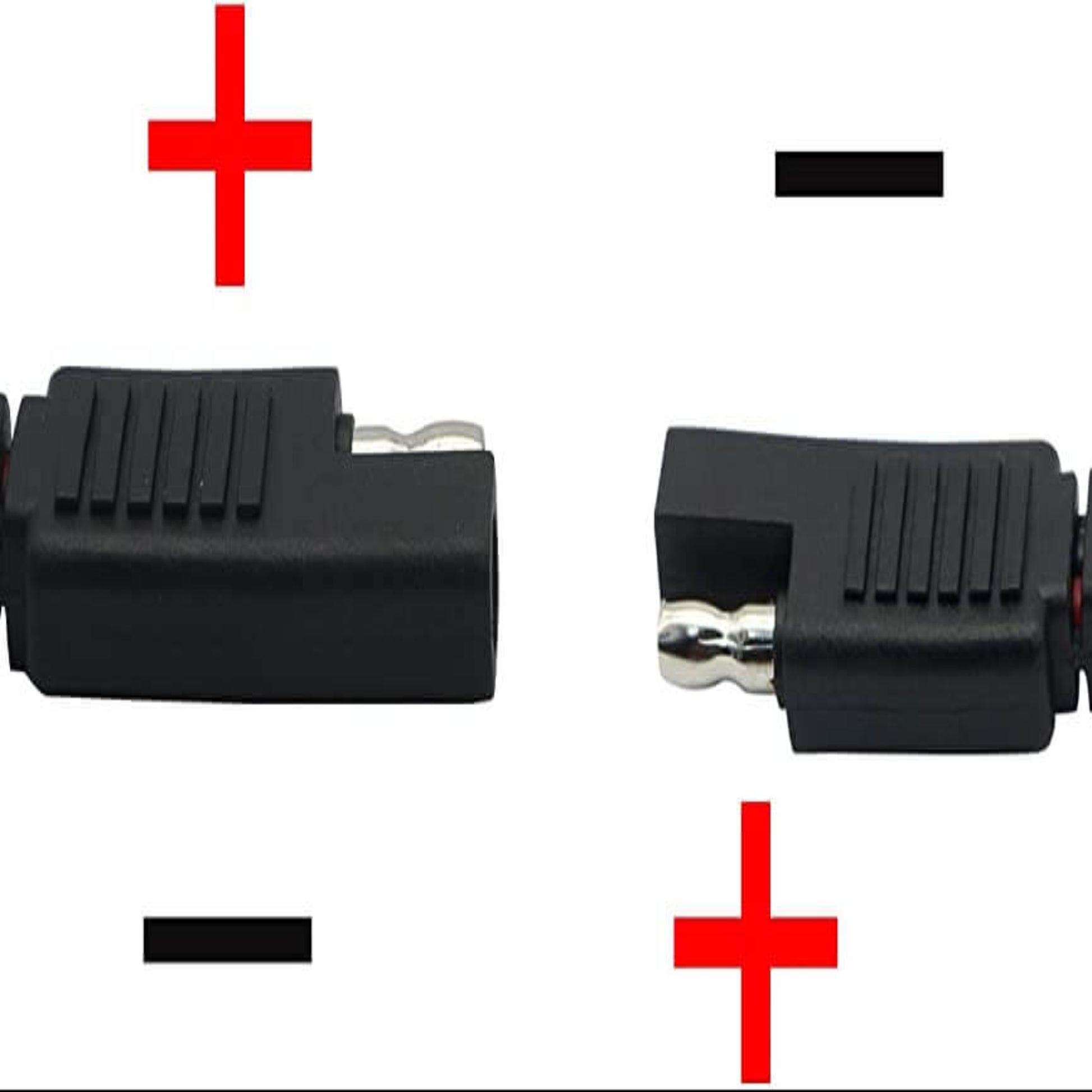 Close up of SAE 2-pin plug showing positive and negative terminals