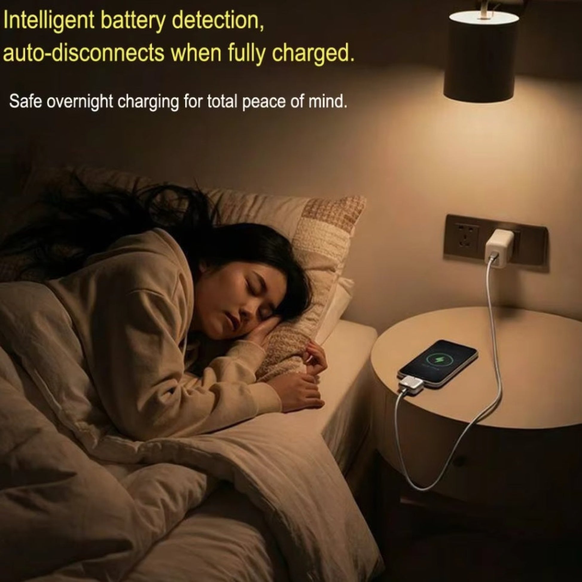 女士安心睡眠的生活照，床頭櫃上的手機正使用 KUWAJIA 自動斷電轉接頭進行安全的通宵充電。