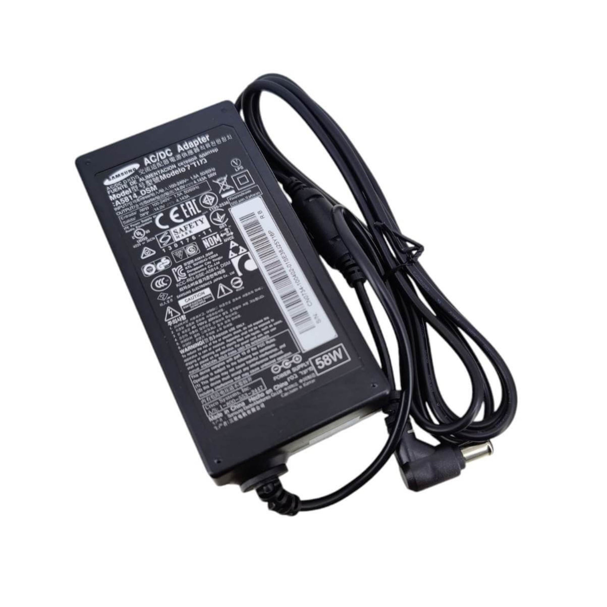 Samsung 58W AC/DC adapter charger for LED and LCD monitors, 14V 4.143A output with 6.5x4.4mm connector.