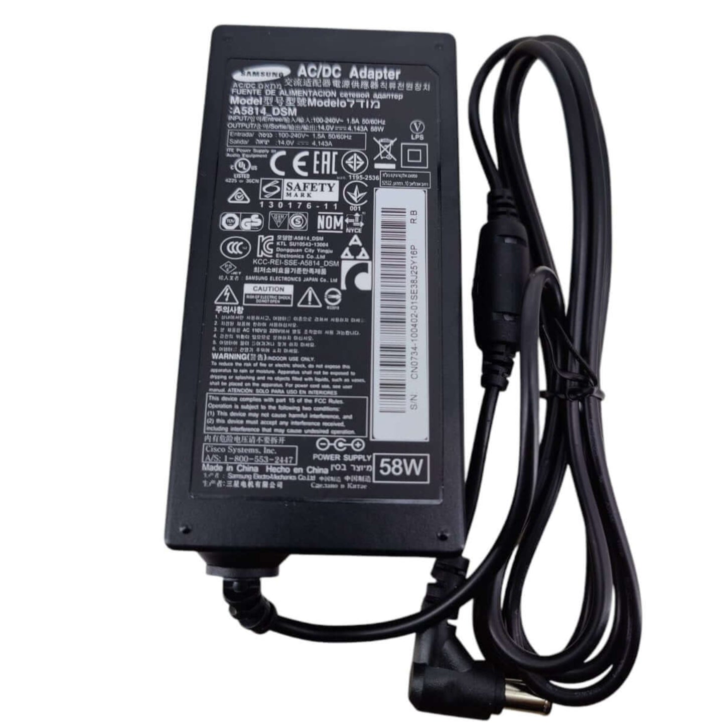 Samsung AC/DC adapter with 58W power output, compatible with monitors; features safety certifications and specifications.
