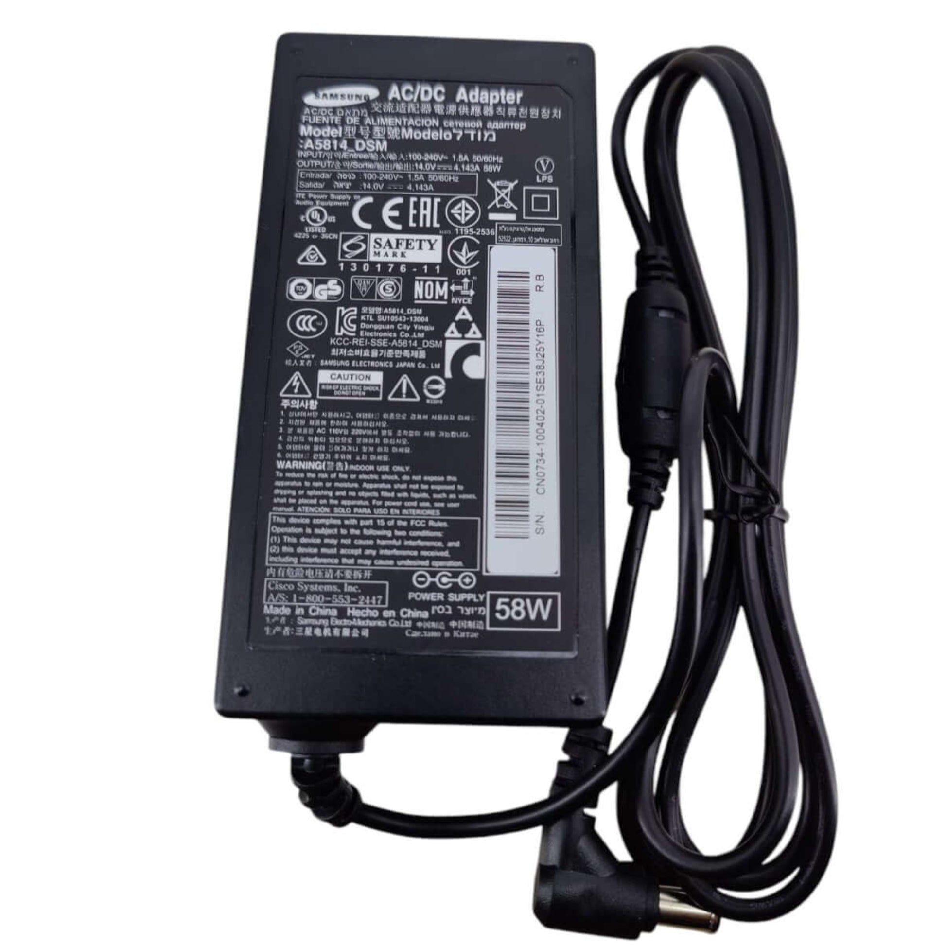Samsung AC/DC adapter with 58W power output, compatible with monitors; features safety certifications and specifications.